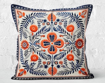 Orange and Blue Folk Art Pillow Case, Cream Accent Cushion Cover, Woodland Home Decor, Perfect Housewarming Gift, Case Only