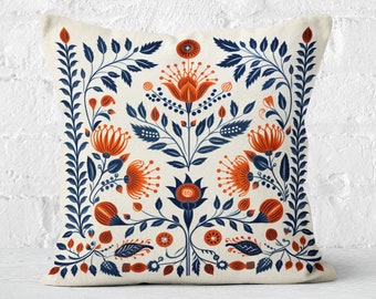 Orange and Blue Woodland Pillow Case, Cream Floral Cushion Cover, Unique Home Decor, Perfect Housewarming Gift, Case Only