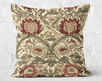 Olive Green & Beige Floral Cushion Cover, William Morris Floral Design, Stylish Floral Farmhouse Pillow Case, Insert not included
