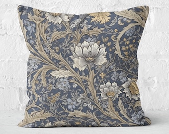 Sapphire Blue & Silver Gray Floral Pillow, William Morris Inspired Cushion Case, Modern Farmhouse Home Decor, Insert not included