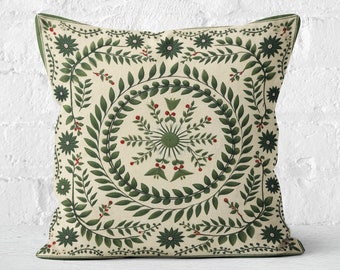 Sage Green Folk Art Pillow, Floral Summer Woodland Cushion, Perfect Housewarming Gift, Unique Nordic Decor, Case Only