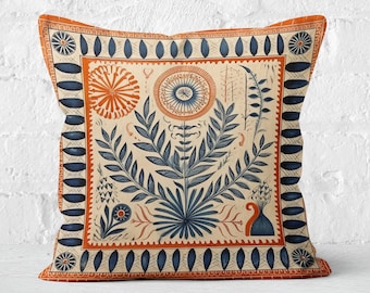 Folk Art Terracotta Orange Pillow, Floral Summer Woodland Cushion, Perfect Housewarming Gift, Nordic Decor, Case Only