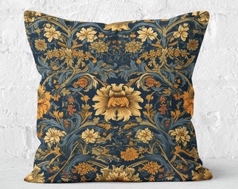 William Morris Inspired Floral Pillow Cover, Navy Blue & Marigold Yellow, Elegant Throw Pillow Case, Home Decor, Insert Not Included