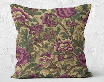 Plum Purple & Moss Green Cushion Cover, Timeless Floral Design, Inspired by William Morris, Insert not included