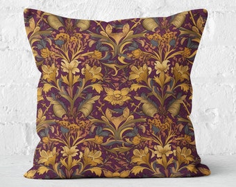 Purple & Honey Gold Floral Cushion Cover, Timeless Floral Design, Inspired by William Morris, Insert not included