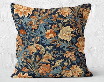 Indigo Blue & Apricot Orange Floral Pillow Cover, William Morris Inspired, Bold Throw Pillow Case, Home Decor, Insert Not Included