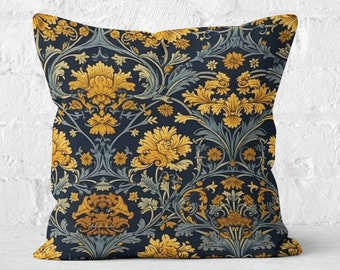 Navy Blue & Marigold Yellow Pillow Case, William Morris Inspired, Floral Decorative Cushion Cover, Insert not included