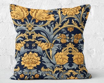 Navy & Marigold William Morris Style Pillow, Floral Cushion Cover, Elegant Home Decor, Insert not included