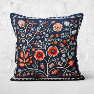 Orange, Grey, and Cream Woodland Pillow Case, Blue Floral Cushion Cover, Unique Home Decor, Perfect Housewarming Gift, Case Only