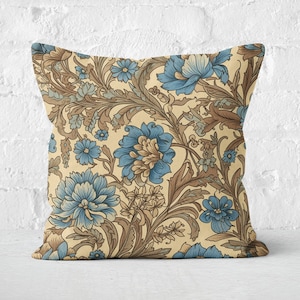 Blue & Sandy Beige Floral Pillow, William Morris Inspired Coastal Cushion Case, Tranquil Beach House Decor, Insert not included