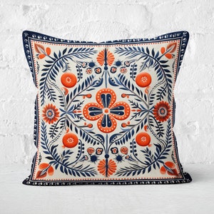 Orange and Blue Folk Art Pillow Case, Cream Accent Cushion Cover, Woodland Home Decor, Perfect Housewarming Gift, Case Only