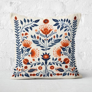 Orange and Blue Woodland Pillow Case, Cream Floral Cushion Cover, Unique Home Decor, Perfect Housewarming Gift, Case Only