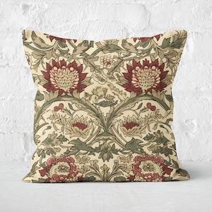 Olive Green & Beige Floral Cushion Cover, William Morris Floral Design, Stylish Floral Farmhouse Pillow Case, Insert not included