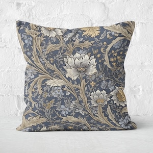 Sapphire Blue & Silver Gray Floral Pillow, William Morris Inspired Cushion Case, Modern Farmhouse Home Decor, Insert not included