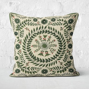 Sage Green Folk Art Pillow, Floral Summer Woodland Cushion, Perfect Housewarming Gift, Unique Nordic Decor, Case Only
