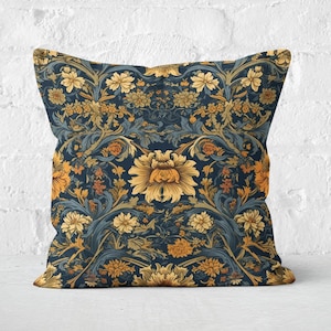 William Morris Inspired Floral Pillow Cover, Navy Blue & Marigold Yellow, Elegant Throw Pillow Case, Home Decor, Insert Not Included
