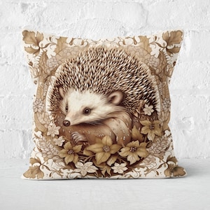Almohada de erizo de estilo Art Nouveau, detalle floral para decoración del hogar, regalo para amantes de los erizos, cojín de animal único, decoración inspirada en la naturaleza, solo estuche