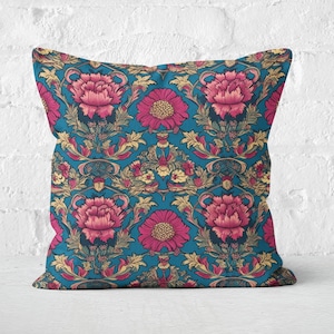Peacock Blue & Raspberry Pink Floral Pillow Cover, William Morris Style, Playful Throw Pillow Case, Home Decor, Insert Not Included