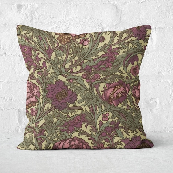 Plum Purple & Moss Green Floral Pillow Cover, William Morris Style, Rich Throw Pillow Case, Floral Home Decor, Insert Not Included