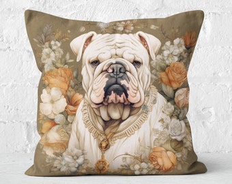 Gorgeous British Bulldog Pillow, Floral Surround, Unique Gift for Bulldog Lovers, Rustic Brown Home Decor Accent, Case Only