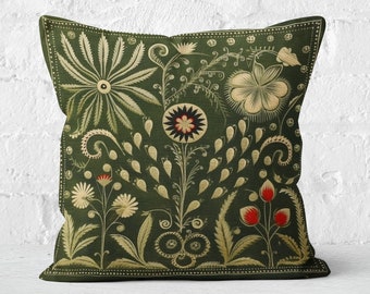 Olive Green Folk Art Pillow, Green Red Floral Summer Woodland Cushion, Unique Housewarming Gift, Nordic Home Decor, Case Only