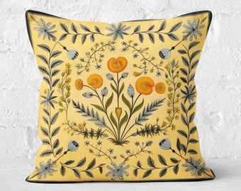 Yellow Floral Folk Art Pillow Cover, Summer Woodland Cushion, Nordic Scandinavian Home Decor Accent, Housewarming Gift, Case Only