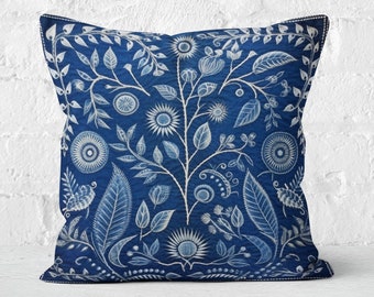 Blue Woodland Cushion Folk Art Summer Pillow Cover with Floral Design, Charming Accent for Home Decor, Unique Gift, Case Only