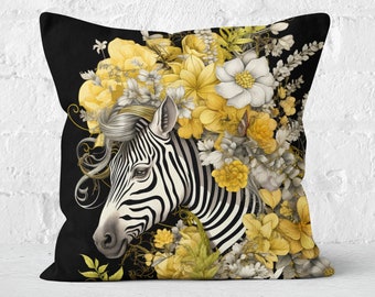 Whimsical Zebra Pillow, Yellow Floral on Black, Striking Wildlife Decor, Unique Gift for Animal Lovers, Exotic Home Accent, Case Only