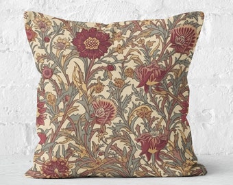 Burgundy Red & Pale Lavender Floral Pillow, William Morris Inspired Cushion Case, Classic Home Decor, Insert not included
