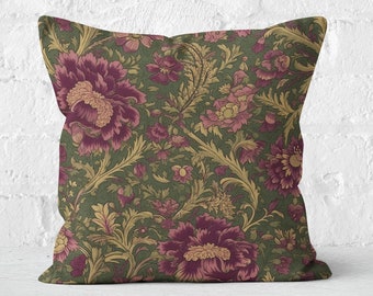 Plum Purple & Moss Green Pillow Case, William Morris Inspired Floral Pillow, Elegant Cushion Cover, Insert not included