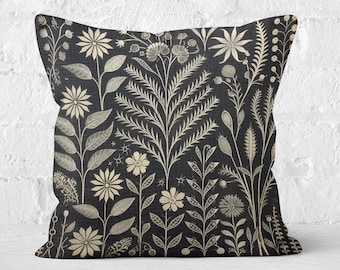 Charcoal Gray Folk Art Pillow Cover, Summer Floral Woodland Cushion, Ideal Housewarming Gift, Forestcore Nordic Decor Accent, Case Only