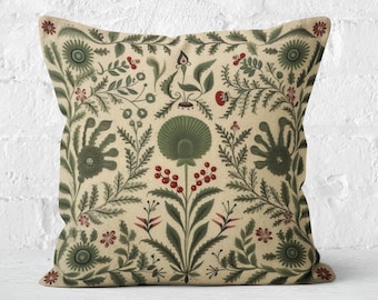 Summer Woodland Pillow in Sage Green, Floral Folk Art Pillow Cover, Ideal Housewarming Gift, Decorative Green Nordic Accent, Case Only