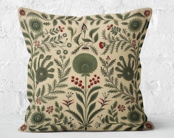 Summer Woodland Pillow in Sage Green, Floral Folk Art Pillow Cover, Ideal Housewarming Gift, Decorative Green Nordic Accent, Case Only