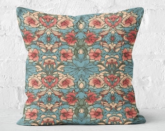 Funda de almohada con diseño floral en rosa coral y azul verdoso, inspirada en William Morris, funda de almohada con diseño floral, decoración floral para el hogar, relleno no incluido