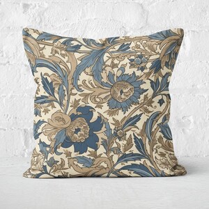 Blue & Sandy Beige Floral Pillow Cover, William Morris Inspired, Coastal Throw Pillow Case, Beach House Decor, Insert Not Included