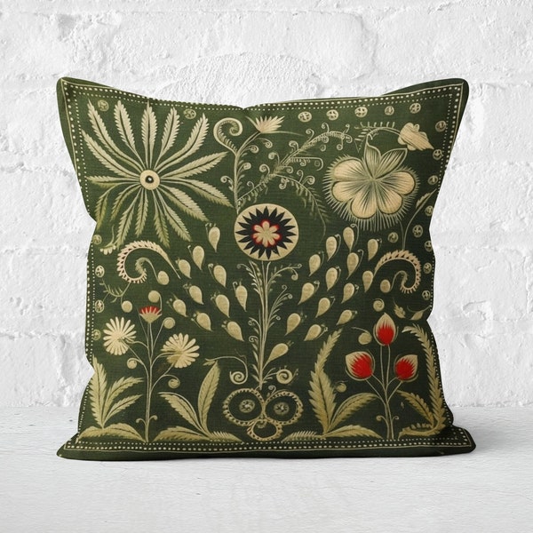 Olive Green Folk Art Pillow, Green Red Floral Summer Woodland Cushion, Unique Housewarming Gift, Nordic Home Decor, Case Only