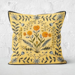 Yellow Floral Folk Art Pillow Cover, Summer Woodland Cushion, Nordic Scandinavian Home Decor Accent, Housewarming Gift, Case Only