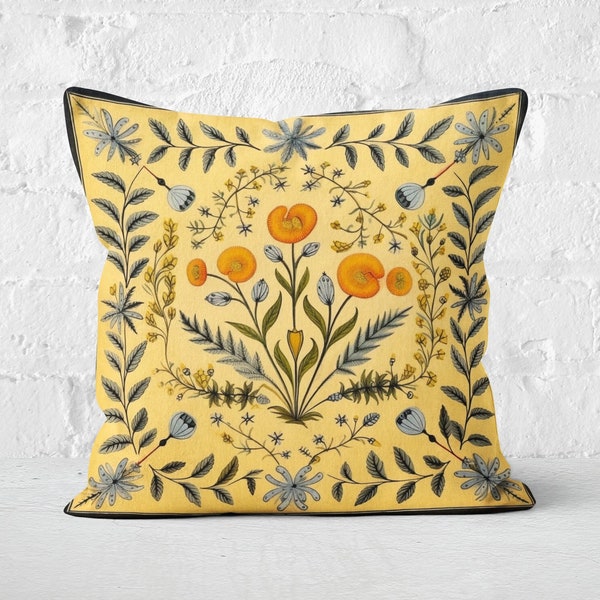 Funda de almohada de arte popular floral amarillo, cojín de bosque de verano, acento de decoración del hogar nórdico escandinavo, regalo de inauguración de la casa, solo estuche