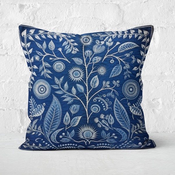 Blue Woodland Cushion Folk Art Summer Pillow Cover with Floral Design, Charming Accent for Home Decor, Unique Gift, Case Only