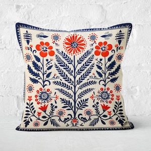 Blue Folk Art Pillow Case, Grey Cushion Cover with Red Flowers, Stylish Woodland Home Decor, Perfect Housewarming Gift, Case Only