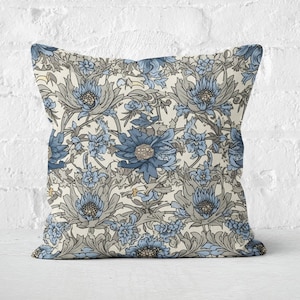 Floral Sapphire Blue & Silver Gray Pillow Case, William Morris Inspired Floral Art, Elegant Cushion Cover, Insert not included