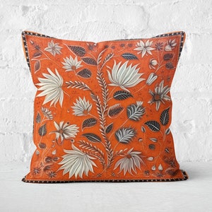Terracotta Floral Folk Art Pillow, Orange Floral Pillow, Summer Woodland Cushion, Housewarming Gift, Nordic Decor, Case Only