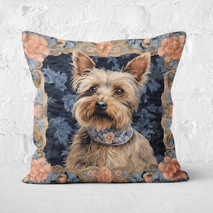 Yorkshire Terrier Pillow, Blue and Brown Floral, William Morris Inspired, Gift for Yorkie Lovers, Unique Home Decor Accent, Case Only