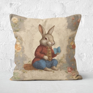 Whimsical Bunny Pillow, Floral Surroundings, Ideal for Nursery and Kids Room Decor, Playful Woodland Theme, INSERT INCLUDED