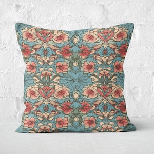 Coral Pink & Teal Blue Floral Pillow Cover, William Morris Inspired, Floral Throw Pillow Case, Floral Home Decor, Insert Not Included