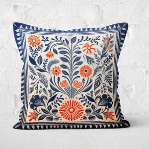 Stunning Blue and Orange Floral Pillow Case, Cream and Grey Folk Art Cushion Cover, Unique Home Decor, Perfect Housewarming Gift, Case Only