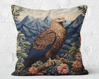 Eagle Pillow, Gobelin William Morris Style, Floral Mountain Sky, Majestic Bird Decor, Unique Nature Lover Gift, Case Only