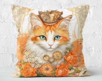 Art Nouveau Cat Pillow, Orange Floral Decor Accent, Cat Lover Gift, Stunning Animal Cushion, Unique Feline Themed Decor, Case Only