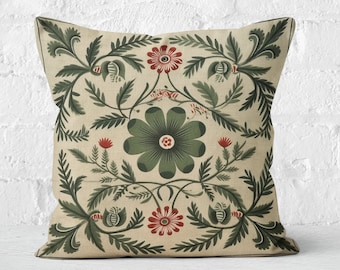 Floral Folk Art Pillow Cover in Sage Green, Summer Woodland Cushion, Unique Housewarming Gift, Nordic Home Decor, Case Only