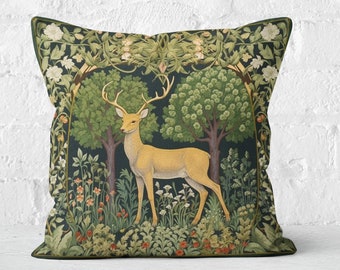 William Morris Deer Pillow, Green and White Floral, Forest Deer Nursery Decor, Unique Woodland Deer Baby Gift, Case Only